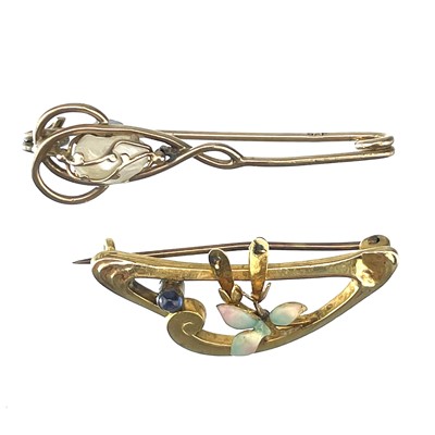 Lot 66 - An Art Nouveau 9ct sapphire set and enamel floral design openwork brooch and 9ct pin.