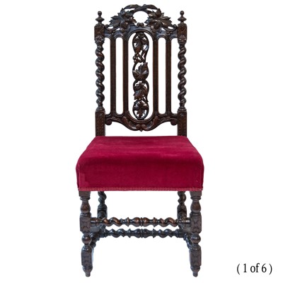 Lot 147 - A set of six Victorian carved oak dining chairs.
