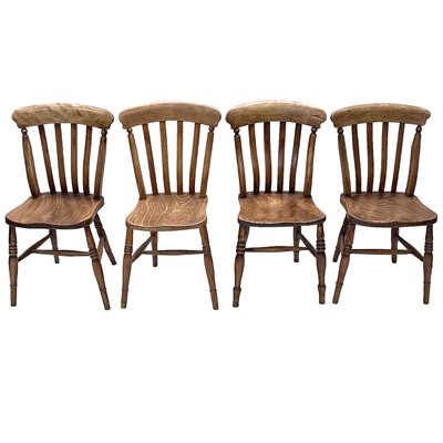Lot 59 - A set of four beech and elm lathe back kitchen chairs, 19th century (4).