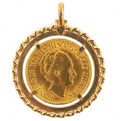 Lot 116 - A Netherlands 10 Gulden 22ct gold coin within an 18ct pendant mount.