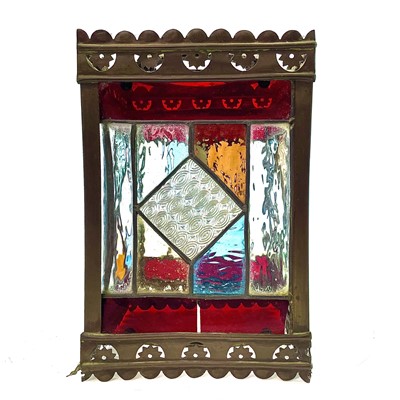 Lot 34 - A Victorian stained glass and brass hanging lantern.