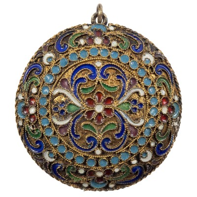 Lot 169 - A Russian silver gilt champlevé enamel compact pendant.