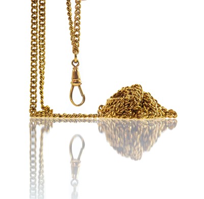 Lot 179 - An 18ct gold long guard chain with dog clip pendant.