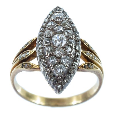 Lot 14 - A Georgian gold and diamond set navette ring.