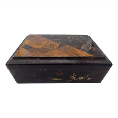 Lot 1114 - A Japanese black lacquer and marquetry work...