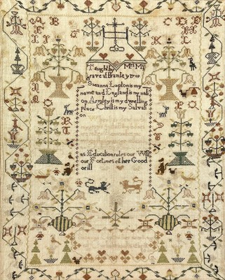 Lot 131 - A framed needlepoint sampler by Susanna Lepton, Armley, 19th century