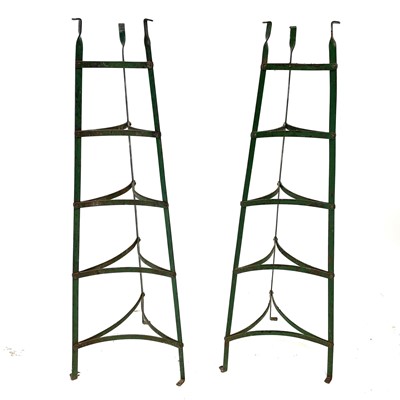 Lot 157 - Two wrought iron green-painted triangular pan stands