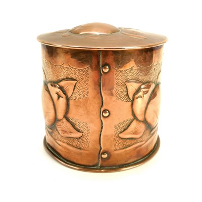 Lot 9 - A Newlyn copper cylindrical tea caddy and cover.