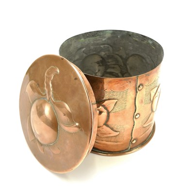 Lot 9 - A Newlyn copper cylindrical tea caddy and cover.