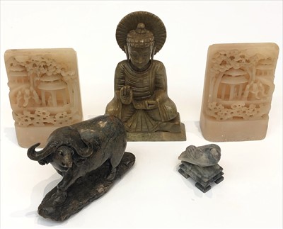 Lot 1174 - A pair of Chinese carved soapstone bookends, a...