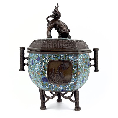 Lot 129 - A Japanese bronze and cloisonne incense burner, Meiji period.