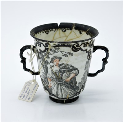 Lot 1333 - An 18th century twin handled porcelain cup,...