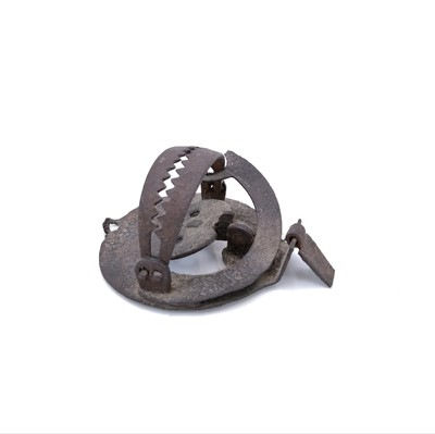 Lot 65 - A rare Victorian iron small pole or 'Kingfisher' trap, diameter of base 7cm