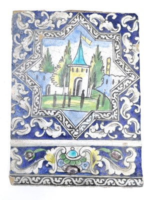 Lot 1018 - A large Persian polychrome pottery tile, 19th century, Qajar Dynasty.