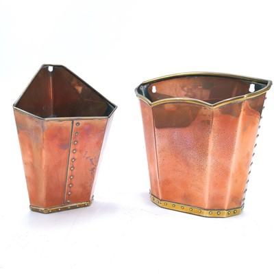 Lot 81 - An Arts and Crafts copper and brass bound wall vase with an inscribed case by N R Hartley.
