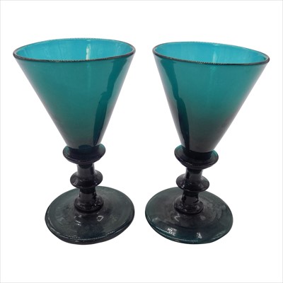 Lot 1360 - Two Georgian green glass wine glasses.