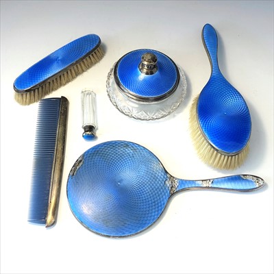 Lot 2037 - A silver dressing table set with blue...