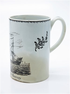 Lot 1353 - A printed and painted creamware tankard, circa...