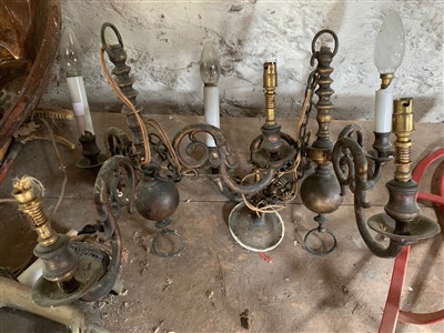 Lot 38 - A pair of three branch heavy brass chandeliers.