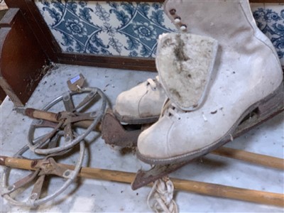 Lot 78 - A pair of bamboo skis, a pair of ice skates...