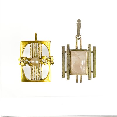 Lot 434 - A modernist silver rose quartz set pendant, and a gold plated pendant by Kordes & Lichtenfels.