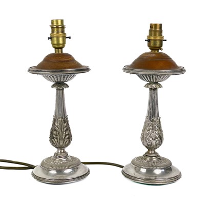Lot 384 - A pair of Victorian silver plated converted table lamps by Horace Woodward & Co.