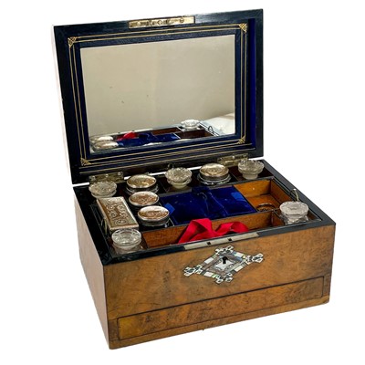 Lot 68 - A Victorian burr walnut travelling box with mother-of-pearl inlay.