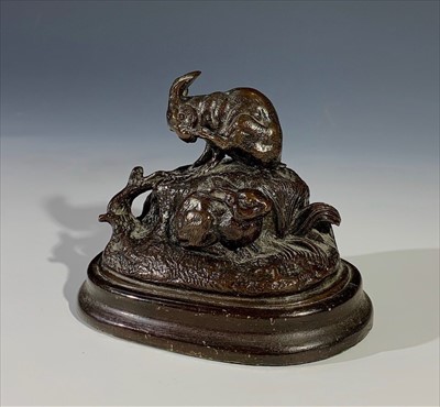 Lot 198 - A bronze rabbit group on wooden base, and five...