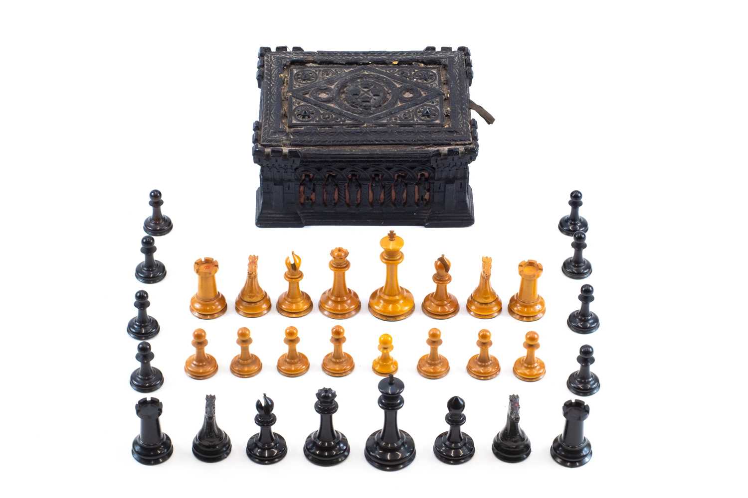 Lot 5 - A Jacques Staunton pattern boxwood and ebony chess set.