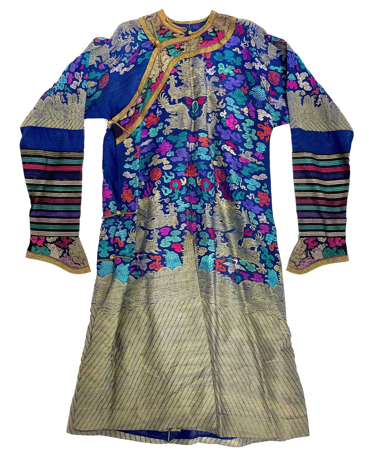 Lot 47 - A Chinese silk embroidered dragon robe, early 20th century.