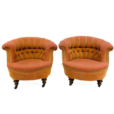 Lot 1898 - A pair of Victorian walnut upholstered tub chairs.