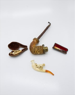 Lot 363 - Meerschaum pipes including one mounted with a...