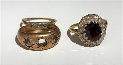 Lot 2508 - A heavy 9ct gold gypsy set ring, and two 18ct...
