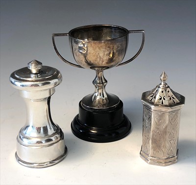Lot 2036 - A silver pepper grinder, an engraved silver...