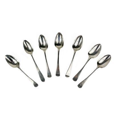 Lot 373 - A harlequin set of seven silver dessert spoons by various makers.