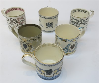 Lot 1429 - A collection of six royal commemorative mugs,...