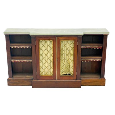 Lot 1805 - A Regency style mahogany breakfront low bookcase cabinet.