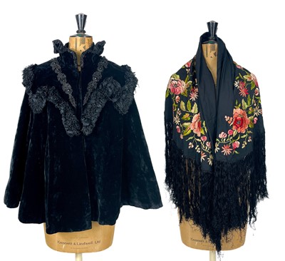 Lot 1602 - Victorian velvet mourning cape with jet stone embroidery.