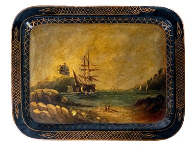 Lot 82 - A Victorian black lacquered papier mache tray.