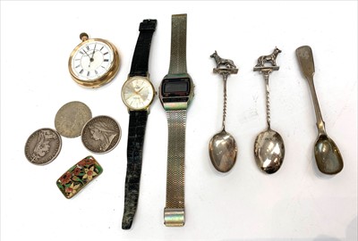 Lot 2461 - Two Victorian crowns, a 1935 crown, watches etc.