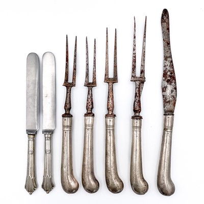 Lot 51 - A Victorian silver filled pistol handled set of four meat forks and carving knife.