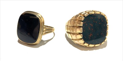 Lot 2565 - One 9ct gold signet ring set agate and another...