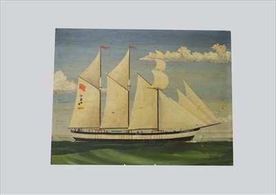 Lot 385 - Oil on pine board, a portrait of the topsail...