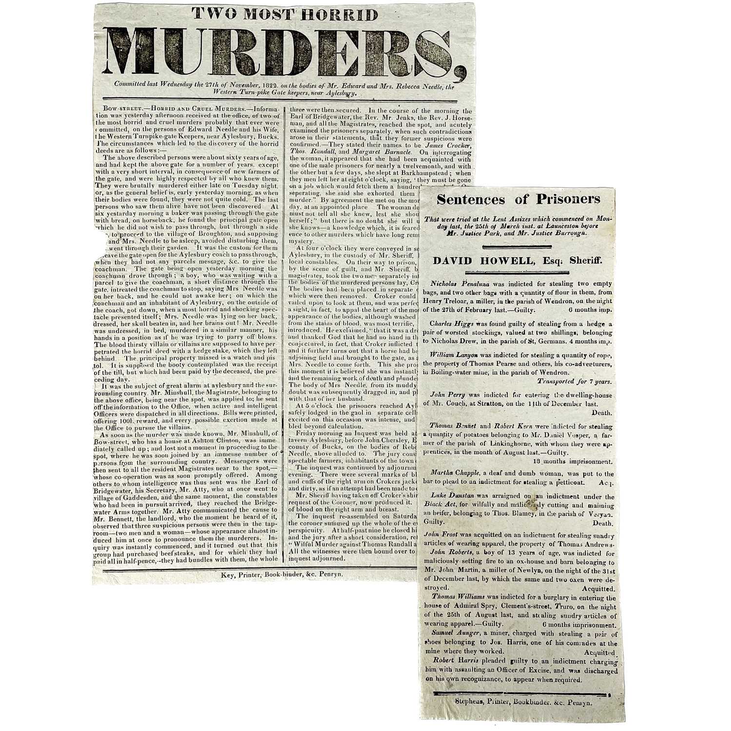 Lot 598 - Two Cornish printed broadsheets. 'Assizes' & 'Horrid Murder'.