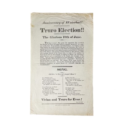 Lot 594 - [Sir  Hussey Vivian] (1818). Three propaganda broadsheets for the 'Truro Election, 1818'.