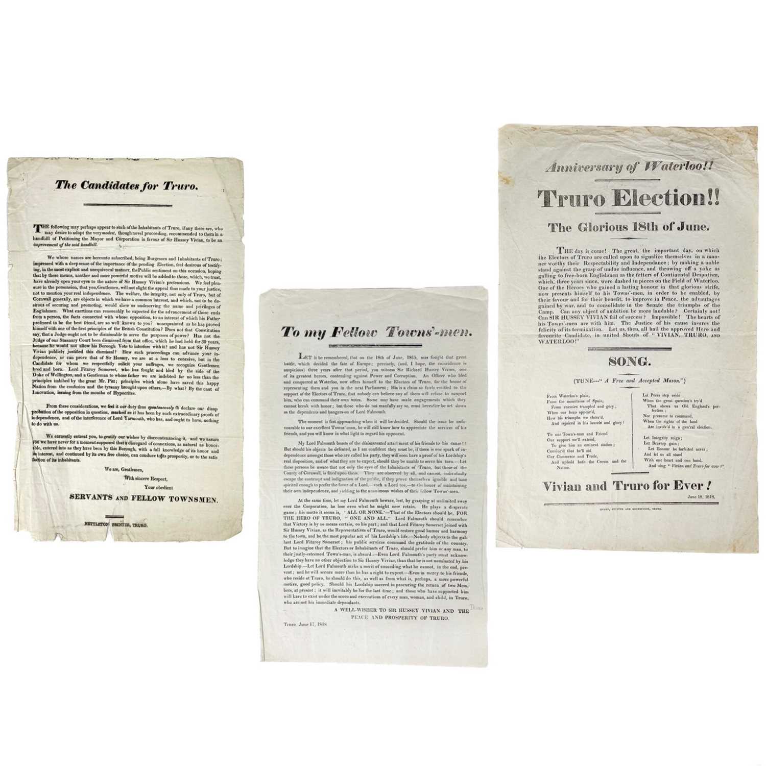 Lot 594 - [Sir  Hussey Vivian] (1818). Three propaganda broadsheets for the 'Truro Election, 1818'.