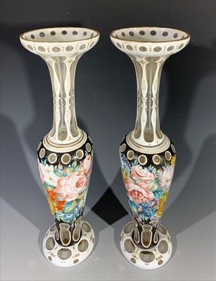 Lot 1480 - A pair of Victorian Bohemian glass vases with...